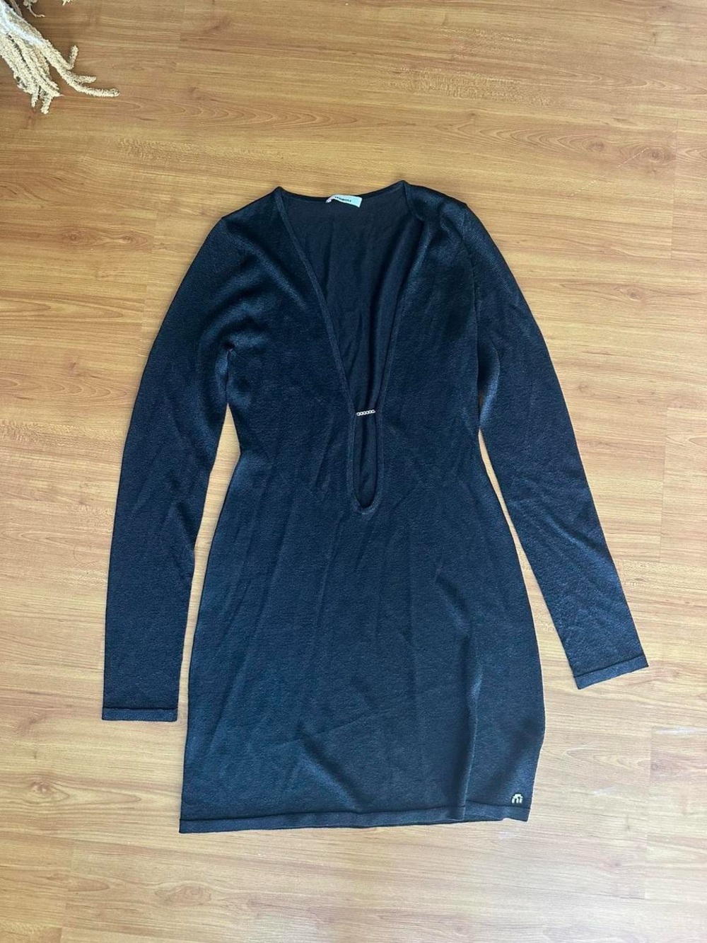 Miaou Black Long-Sleeve Deep V Dress with Front Chain